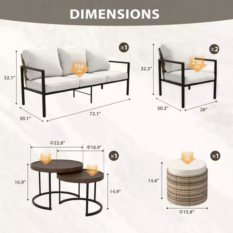 Sunset Dune Ensemble de 6 pièces de mobilier d'extérieur moderne, Salon de jardin en osier aspect bois – Sanzelize Design