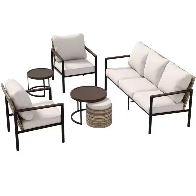 Sunset Dune Ensemble de 6 pièces de mobilier d'extérieur moderne, Salon de jardin en osier aspect bois – Sanzelize Design