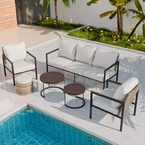 Sunset Dune Ensemble de 6 pièces de mobilier d'extérieur moderne, Salon de jardin en osier aspect bois – Sanzelize Design
