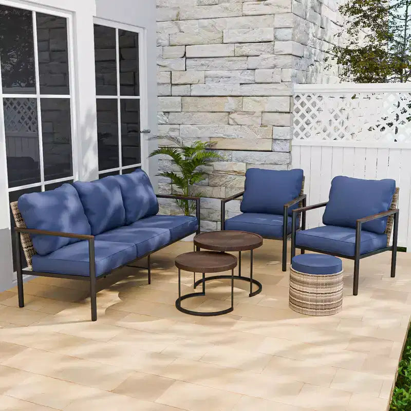 Sunset Dune Ensemble de 6 pièces de mobilier d'extérieur moderne, Salon de jardin en osier aspect bois – Sanzelize Design