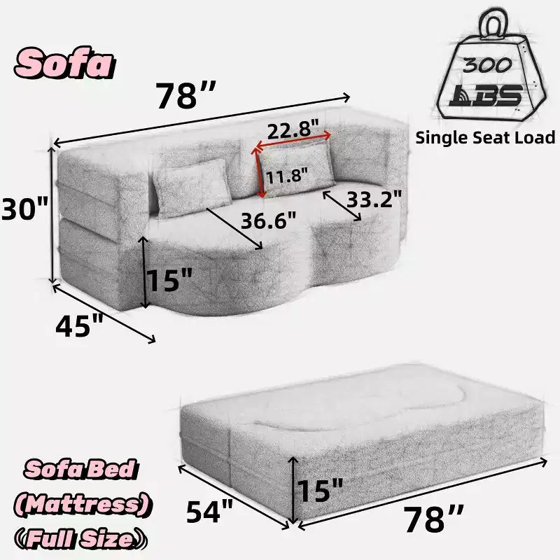 Canapé modulable moderne convertible Canapé de sol avec 2 oreillers Tissu bouclé Rembourré Matelas pliant Aucun – Sanzelize Design