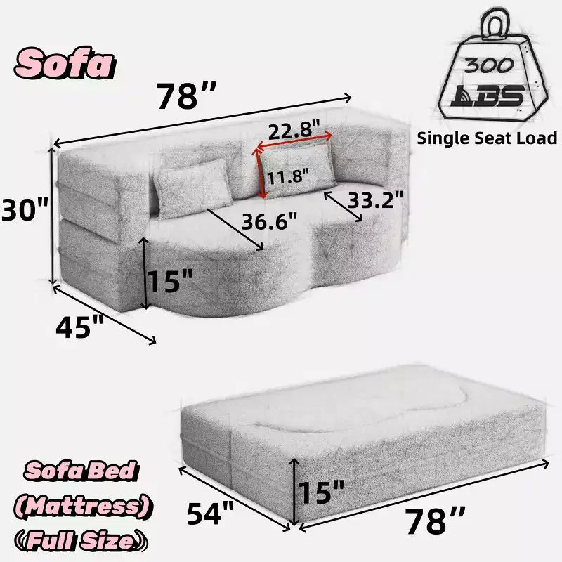 Canapé modulable moderne convertible Canapé de sol avec 2 oreillers Tissu bouclé Rembourré Matelas pliant Aucun – Sanzelize Design