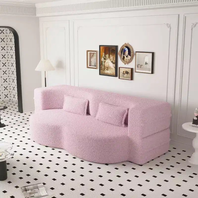Canapé modulable moderne convertible Canapé de sol avec 2 oreillers Tissu bouclé Rembourré Matelas pliant Aucun – Sanzelize Design