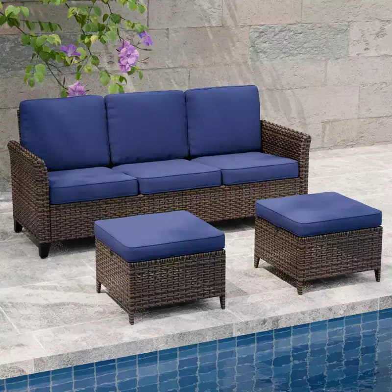 Canapé d'extérieur en osier Ocean Vista 3 pièces, ensemble canapé 3 places en osier varié avec poufs – Sanzelize Design