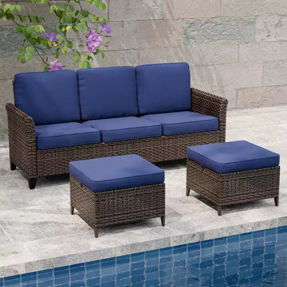 Canapé d'extérieur en osier Ocean Vista 3 pièces, ensemble canapé 3 places en osier varié avec poufs – Sanzelize Design