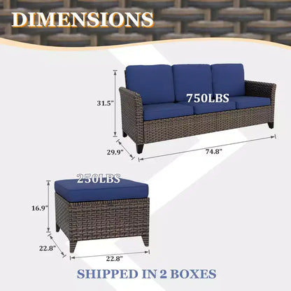 Canapé d'extérieur en osier Ocean Vista 3 pièces, ensemble canapé 3 places en osier varié avec poufs – Sanzelize Design