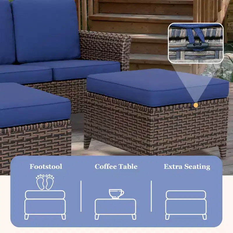Canapé d'extérieur en osier Ocean Vista 3 pièces, ensemble canapé 3 places en osier varié avec poufs – Sanzelize Design
