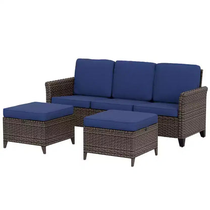Canapé d'extérieur en osier Ocean Vista 3 pièces, ensemble canapé 3 places en osier varié avec poufs – Sanzelize Design