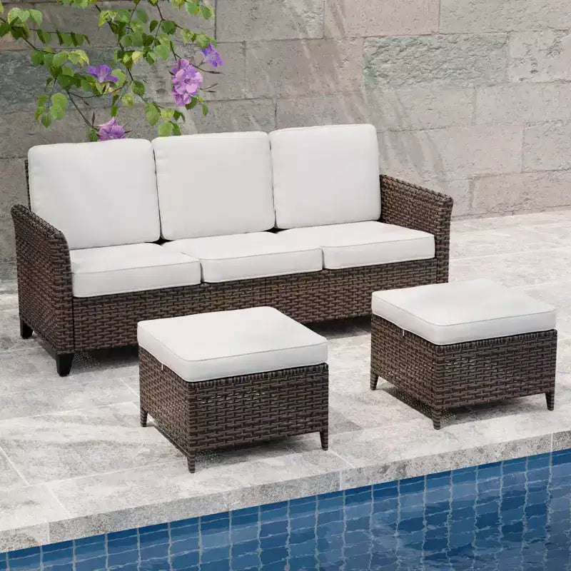 Canapé d'extérieur en osier Ocean Vista 3 pièces, ensemble canapé 3 places en osier varié avec poufs – Sanzelize Design