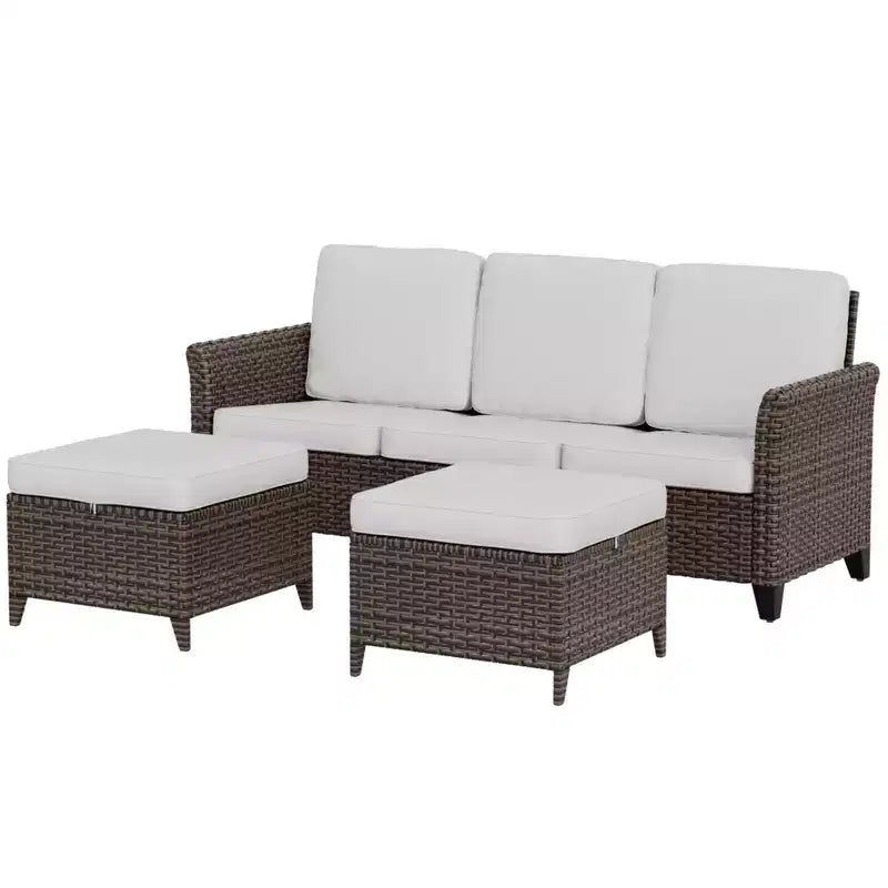 Canapé d'extérieur en osier Ocean Vista 3 pièces, ensemble canapé 3 places en osier varié avec poufs – Sanzelize Design