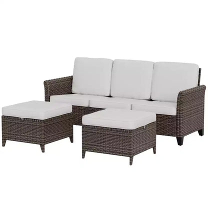 Canapé d'extérieur en osier Ocean Vista 3 pièces, ensemble canapé 3 places en osier varié avec poufs – Sanzelize Design