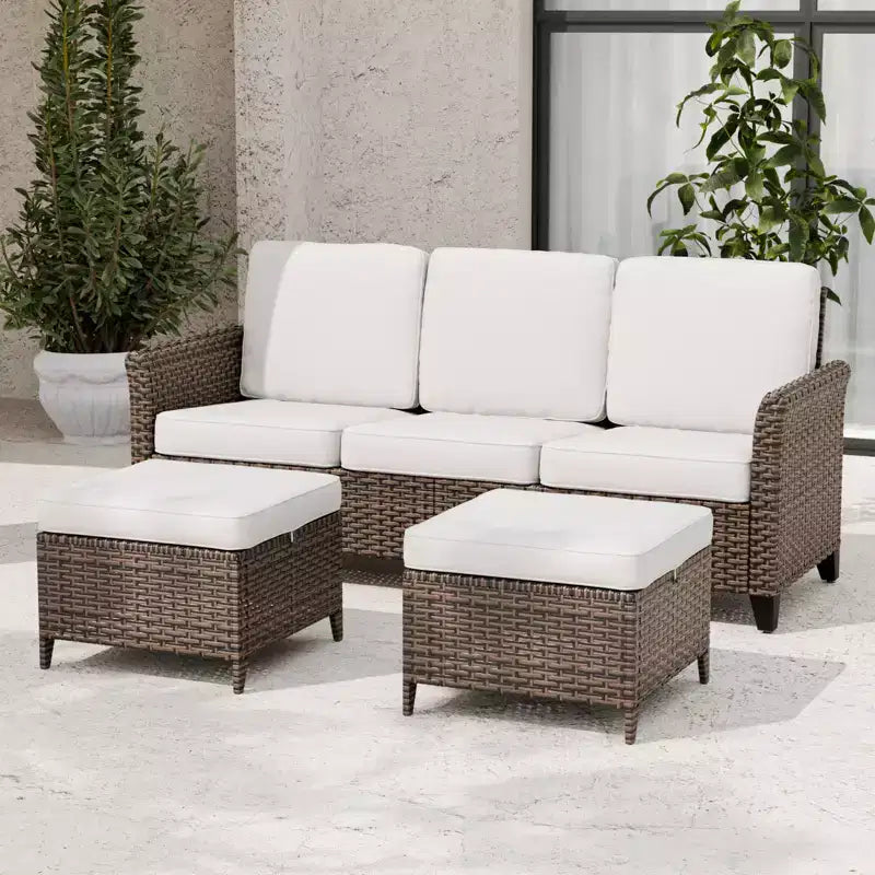 Canapé d'extérieur en osier Ocean Vista 3 pièces, ensemble canapé 3 places en osier varié avec poufs – Sanzelize Design