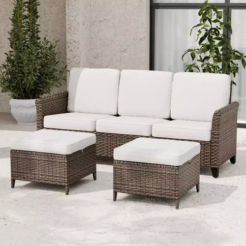 Canapé d'extérieur en osier Ocean Vista 3 pièces, ensemble canapé 3 places en osier varié avec poufs – Sanzelize Design