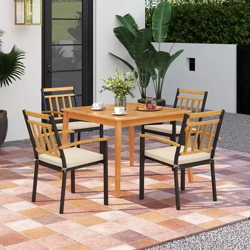Ensemble de salle à manger 5 pièces en bois d'acacia pour terrasse avec coussins moelleux et trou pour parasol – Sanzelize Design