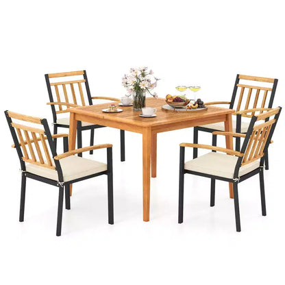 Ensemble de salle à manger 5 pièces en bois d'acacia pour terrasse avec coussins moelleux et trou pour parasol – Sanzelize Design