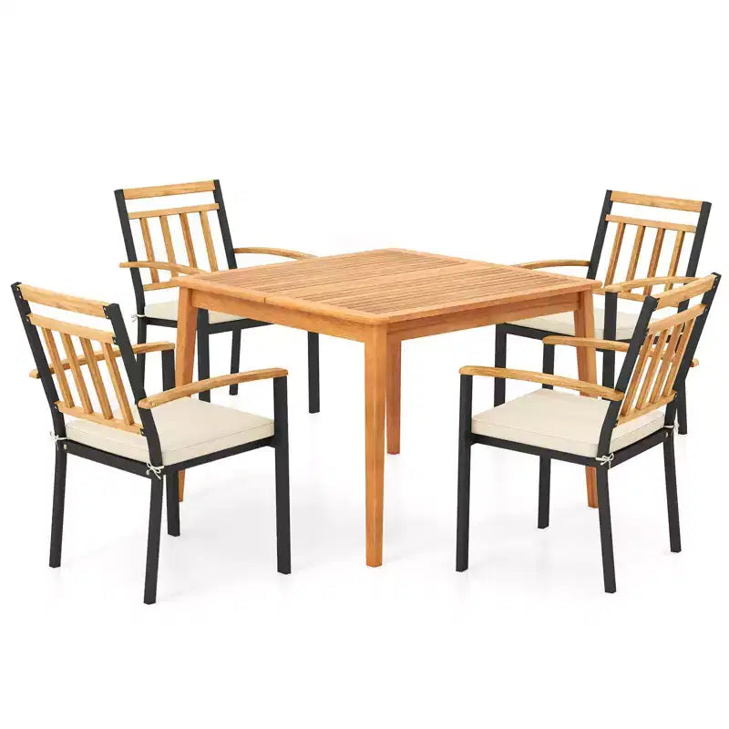 Ensemble de salle à manger 5 pièces en bois d'acacia pour terrasse avec coussins moelleux et trou pour parasol – Sanzelize Design