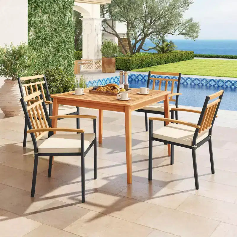 Ensemble de salle à manger 5 pièces en bois d'acacia pour terrasse avec coussins moelleux et trou pour parasol – Sanzelize Design