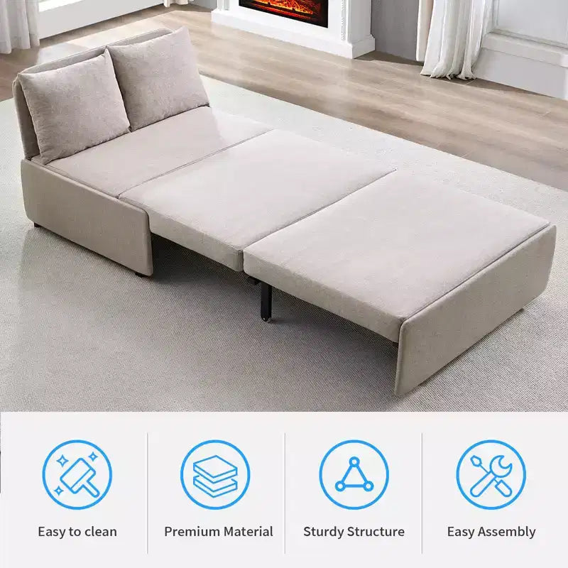 Canapé-lit Grand lit 152 x 203 cm, Canapé convertible 2-en-1 en lin avec coussins – Sanzelize Design