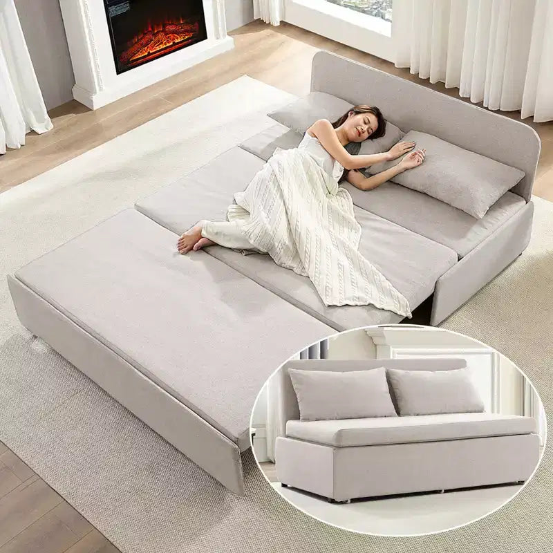 Canapé-lit Grand lit 152 x 203 cm, Canapé convertible 2-en-1 en lin avec coussins – Sanzelize Design