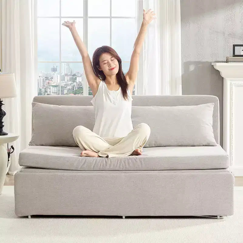 Canapé-lit Grand lit 152 x 203 cm, Canapé convertible 2-en-1 en lin avec coussins – Sanzelize Design
