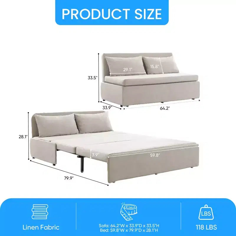 Canapé-lit Grand lit 152 x 203 cm, Canapé convertible 2-en-1 en lin avec coussins – Sanzelize Design