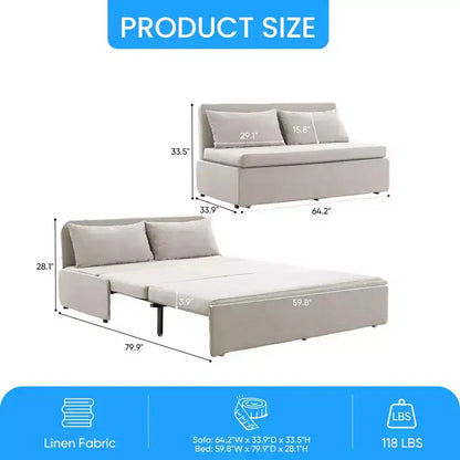 Canapé-lit Grand lit 152 x 203 cm, Canapé convertible 2-en-1 en lin avec coussins – Sanzelize Design