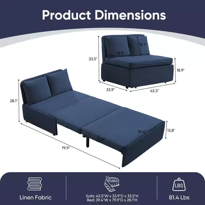 Canapé-lit Grand lit 152 x 203 cm, Canapé convertible 2-en-1 en lin avec coussins – Sanzelize Design