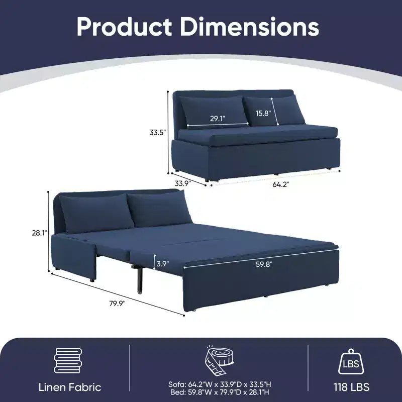Canapé-lit Grand lit 152 x 203 cm, Canapé convertible 2-en-1 en lin avec coussins – Sanzelize Design