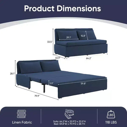 Canapé-lit Grand lit 152 x 203 cm, Canapé convertible 2-en-1 en lin avec coussins – Sanzelize Design