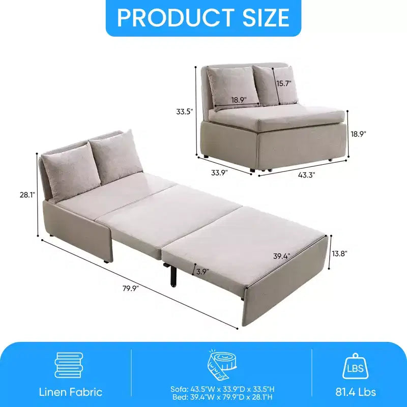 Canapé-lit Grand lit 152 x 203 cm, Canapé convertible 2-en-1 en lin avec coussins – Sanzelize Design