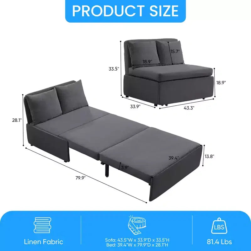 Canapé-lit Grand lit 152 x 203 cm, Canapé convertible 2-en-1 en lin avec coussins – Sanzelize Design