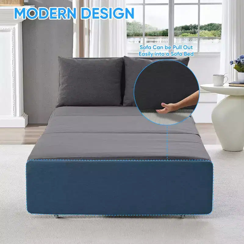 Canapé-lit Grand lit 152 x 203 cm, Canapé convertible 2-en-1 en lin avec coussins – Sanzelize Design