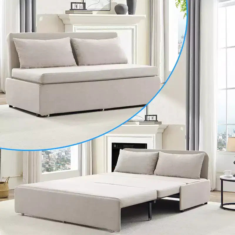 Canapé-lit Grand lit 152 x 203 cm, Canapé convertible 2-en-1 en lin avec coussins – Sanzelize Design