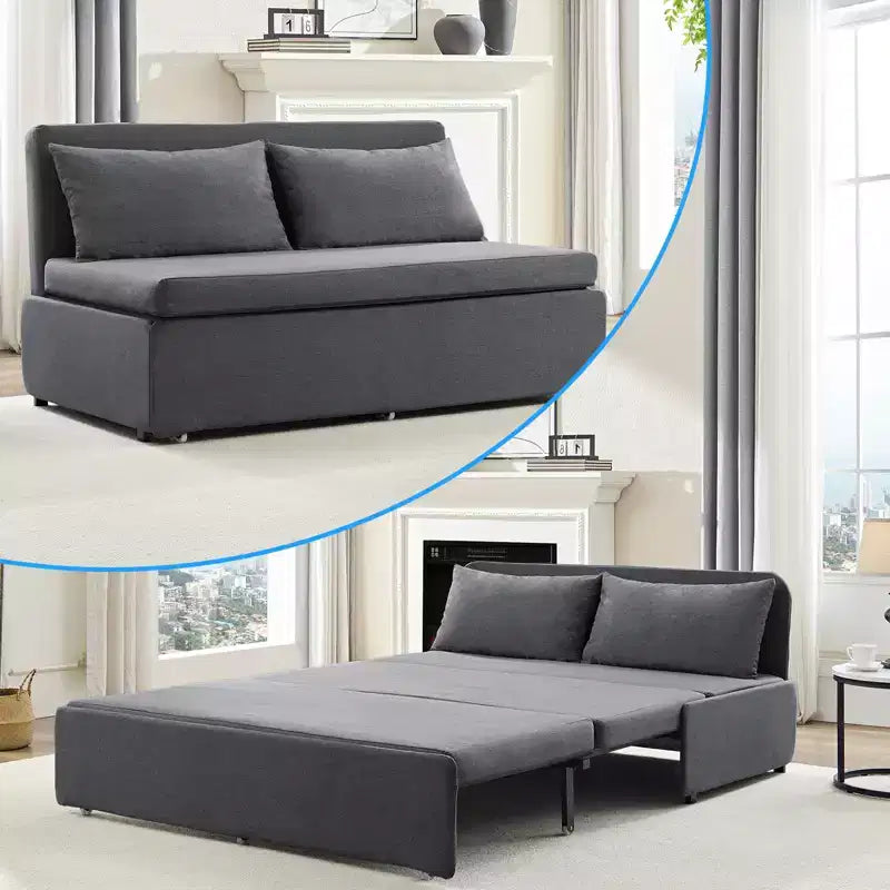 Canapé-lit Grand lit 152 x 203 cm, Canapé convertible 2-en-1 en lin avec coussins – Sanzelize Design
