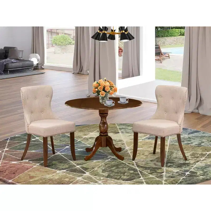 Belmont, ensemble table de salle à manger 3 pièces, 1 table à rallonges et 2 chaises de salle à manger en tissu de lin – Sanzelize Design