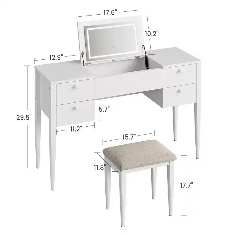 Coiffeuse de maquillage de 120 cm avec miroir escamotable, 3 modes d'éclairage, coiffeuse 3 en 1 avec 5 tiroirs – Sanzelize Design