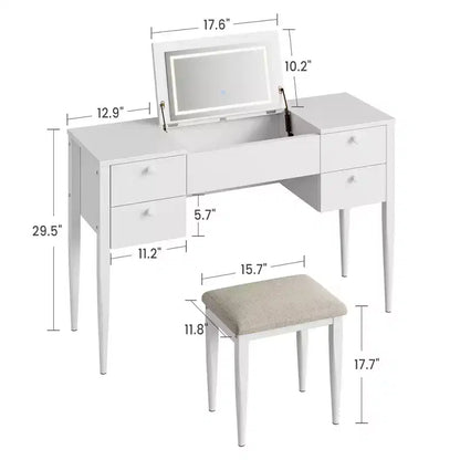 Coiffeuse de maquillage de 120 cm avec miroir escamotable, 3 modes d'éclairage, coiffeuse 3 en 1 avec 5 tiroirs – Sanzelize Design