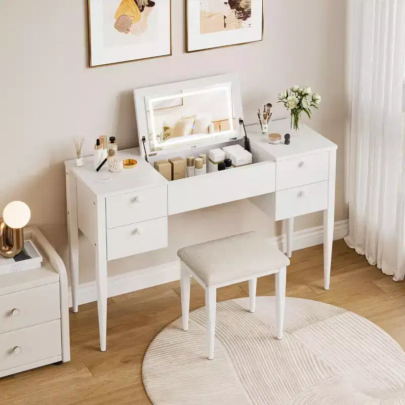 Coiffeuse de maquillage de 120 cm avec miroir escamotable, 3 modes d'éclairage, coiffeuse 3 en 1 avec 5 tiroirs – Sanzelize Design
