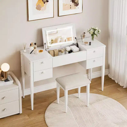 Coiffeuse de maquillage de 120 cm avec miroir escamotable, 3 modes d'éclairage, coiffeuse 3 en 1 avec 5 tiroirs – Sanzelize Design