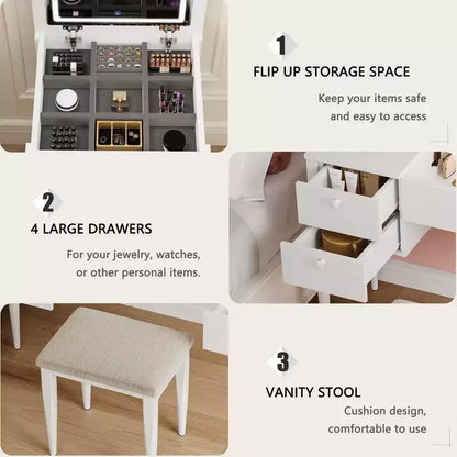 Coiffeuse de maquillage de 120 cm avec miroir escamotable, 3 modes d'éclairage, coiffeuse 3 en 1 avec 5 tiroirs – Sanzelize Design