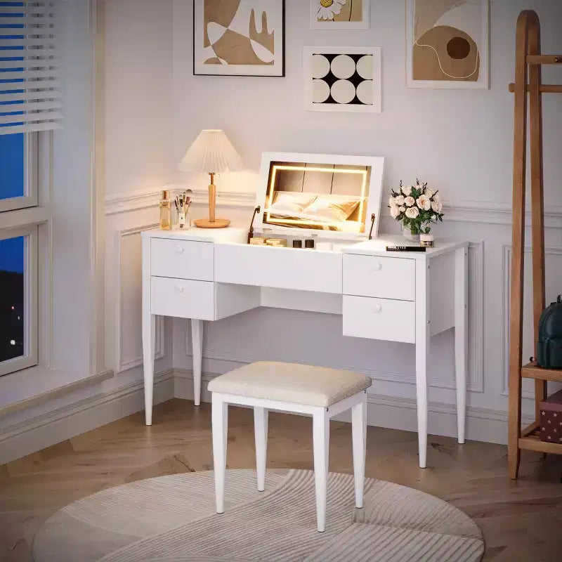 Coiffeuse de maquillage de 120 cm avec miroir escamotable, 3 modes d'éclairage, coiffeuse 3 en 1 avec 5 tiroirs – Sanzelize Design