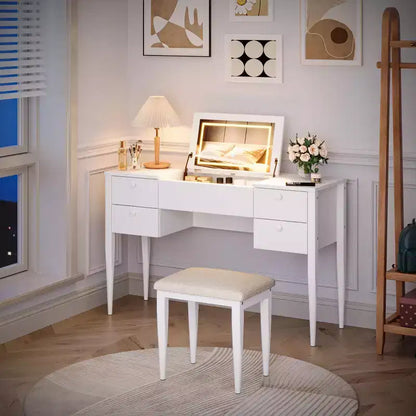 Coiffeuse de maquillage de 120 cm avec miroir escamotable, 3 modes d'éclairage, coiffeuse 3 en 1 avec 5 tiroirs – Sanzelize Design