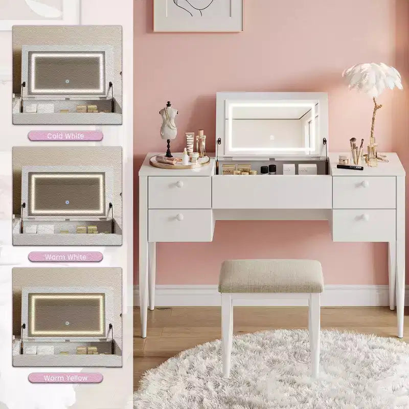 Coiffeuse de maquillage de 120 cm avec miroir escamotable, 3 modes d'éclairage, coiffeuse 3 en 1 avec 5 tiroirs – Sanzelize Design