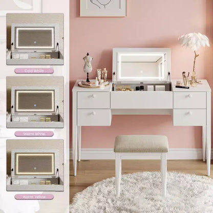 Coiffeuse de maquillage de 120 cm avec miroir escamotable, 3 modes d'éclairage, coiffeuse 3 en 1 avec 5 tiroirs – Sanzelize Design
