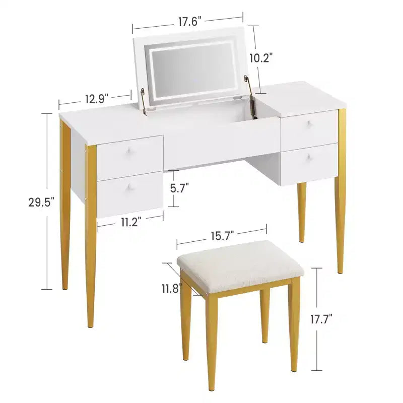 Coiffeuse de maquillage de 120 cm avec miroir escamotable, 3 modes d'éclairage, coiffeuse 3 en 1 avec 5 tiroirs – Sanzelize Design