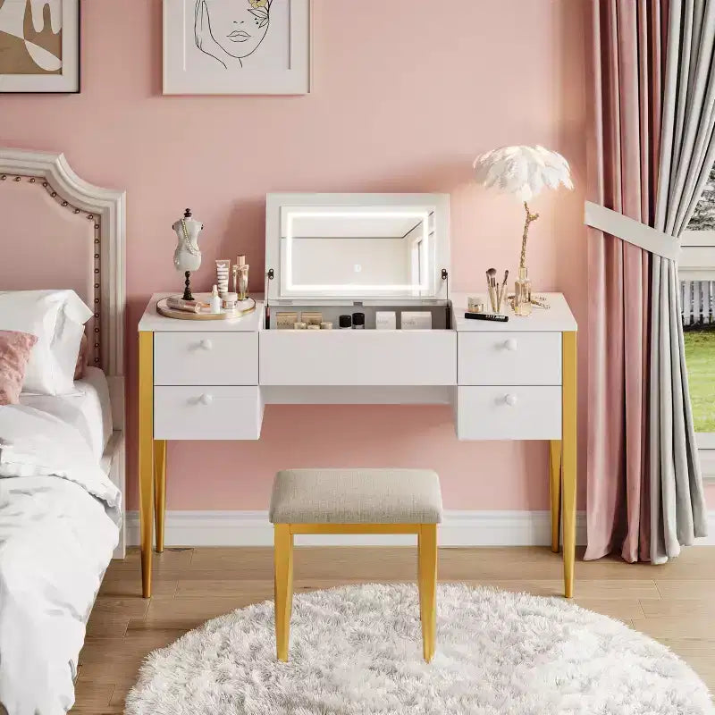 Coiffeuse de maquillage de 120 cm avec miroir escamotable, 3 modes d'éclairage, coiffeuse 3 en 1 avec 5 tiroirs – Sanzelize Design
