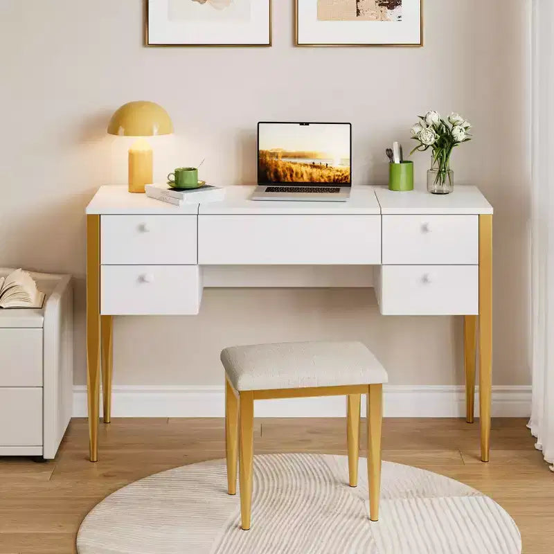 Coiffeuse de maquillage de 120 cm avec miroir escamotable, 3 modes d'éclairage, coiffeuse 3 en 1 avec 5 tiroirs – Sanzelize Design