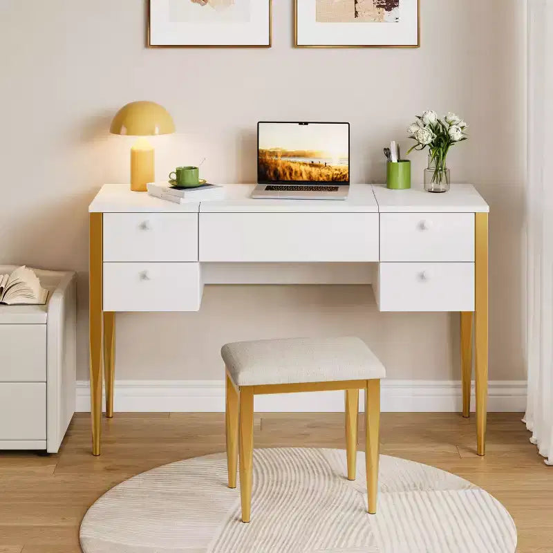 Coiffeuse de maquillage de 120 cm avec miroir escamotable, 3 modes d'éclairage, coiffeuse 3 en 1 avec 5 tiroirs – Sanzelize Design