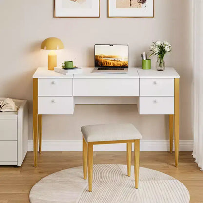 Coiffeuse de maquillage de 120 cm avec miroir escamotable, 3 modes d'éclairage, coiffeuse 3 en 1 avec 5 tiroirs – Sanzelize Design