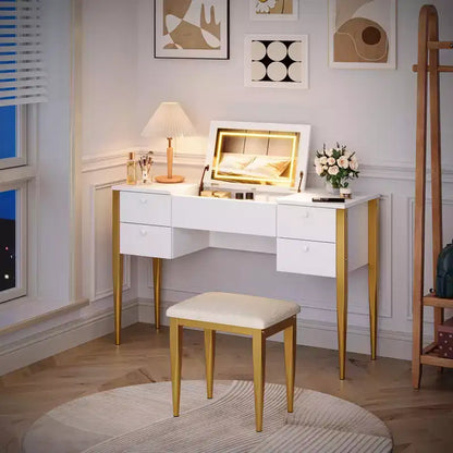 Coiffeuse de maquillage de 120 cm avec miroir escamotable, 3 modes d'éclairage, coiffeuse 3 en 1 avec 5 tiroirs – Sanzelize Design